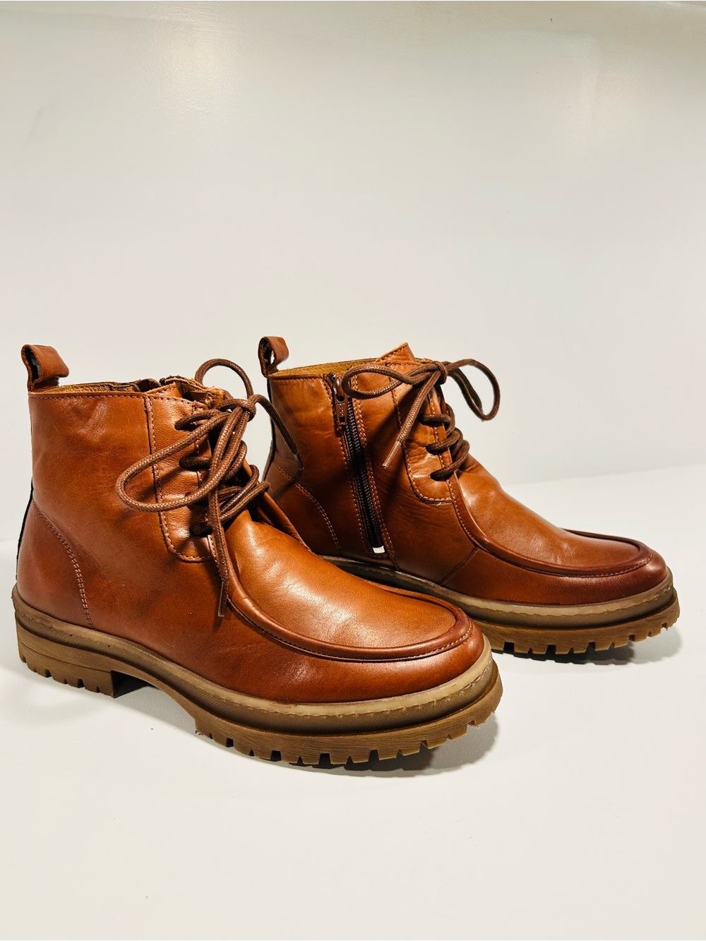 Miz Mooz Amherst Boots 37 Cognac Leather Combat Lug Ankle Boots Side Zip